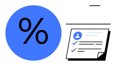 Kullanıcı profili ve kontrol işaretli belgenin yanında büyük yüzde işareti. Üretkenlik, verimlilik, değerlendirme, veri analizi, raporlama, organizasyon, hedef belirleme, basit düz metafor