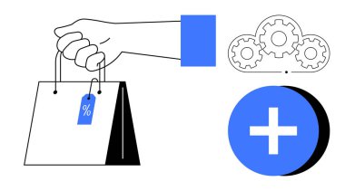 E-ticaret konsepti. Alışveriş torbalı bir e-ticaret, indirimler için yüzde etiket ve işlevsellik için vites bulutu. E-ticaret perakende, teknoloji ve müşteri deneyimlerini artırır. Çevrimiçi için ideal