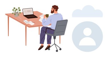 Uzaktan çalışma, dijital işbirliği, verimlilik, bulut hesaplama, ofis çalışma alanı, teknoloji entegrasyonu. Dizüstü bilgisayarla ve masa başında çalışan bir adam. Uzak çalışma ve dijital işbirliği