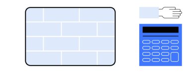 İnşaat planlaması, eğitim, teknoloji entegrasyonu, muhasebe, manuel giriş, pratik araçlar. Tuğla duvar, el ve mavi hesap makinesi. İnşaat planlaması ve eğitim kavramı