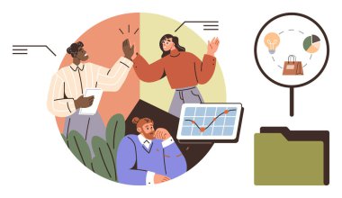 Takım çalışması, iş büyümesi, veri analizi, beyin fırtınası, proje yönetimi, işbirliği. Profesyoneller çizelgeler ve grafiklerle etkileşimde. Takım çalışması ve iş büyümesi kavramları