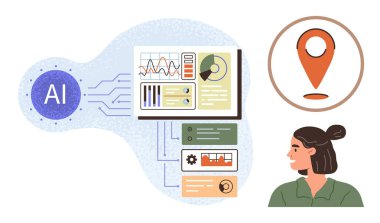 Yapay zeka teknolojisi, veri analizi, konum hizmetleri, izleme sistemleri, yenilik, kullanıcı deneyimi. Dijital ekranlar, veri tabloları ve bir konum simgesi. Yapay zeka teknolojisi ve veri analizleri keşfedildi