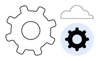 Vites ve bulut sembolleri. Vites otomasyonu ve teknoloji ile bulut entegrasyonu. Otomasyon, bulut hesaplama, yazılım geliştirme ve dijital iş akışları için gerekli