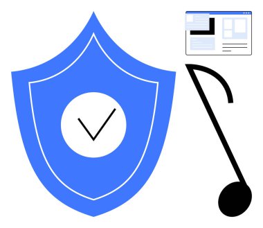 Dijital haklar, çevrimiçi güvenlik, fikri mülkiyet, müzik lisansı, web içeriği koruması, veri bütünlüğü. İşaretli mavi kalkan, nota ve tarayıcı penceresi. Dijital güvenlik