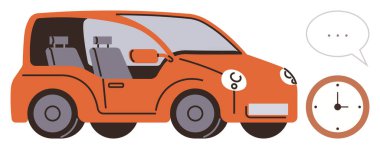 Zaman yönetimi, seyahat planlaması, seyahat, verimlilik, hareketlilik, verimlilik. Turuncu bir araba, konuşma balonu ve dakiklik ve etkili görev koordinasyonunun saat vurgusu. Zaman yönetimi