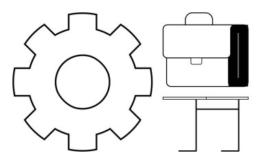 İş geliştirme, üretkenlik araçları, iş organizasyonu, kariyer büyümesi, verimlilik, kurumsal yapı. Dişliler, çantalar ve masa beyaz arka planda. İş geliştirme ve üretkenlik araçları
