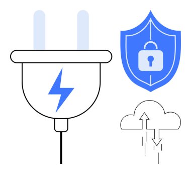 Enerji güvenliği kavramı. Elektrik prizli enerji güvenliği, kalkan veri koruması ve dijital depolama için bulut. Enerji yönetimi, siber güvenlik, IoT, bulut hesaplama, akıllı teknoloji