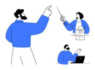 Team members in action, one pointing as a leader, another presenting with a document, and a third working on a laptop. Ideal for leadership, education, teamwork, communication, corporate training