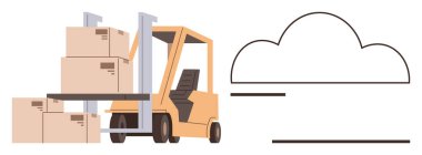 Tedarik zinciri yönetimi, bulut depolama, depo lojistiği, envanter takibi, modern teknoloji, nakliye. Forklift, bulut sembolünün yakınındaki kutuları kaldırıyor. Tedarik zinciri yönetimi ve bulut depolama