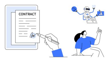 İş süreçleri, yasal hizmetler, sözleşme yönetimi, yapay zeka, yenilik, problem çözme. Kontrat imzalayan bir el, fikir üreten bir yapay zeka. Kontrat yönetimi