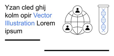 Bilim, işbirliği, biyoteknoloji, genetik, küresel iletişim, araştırma. DNA ve birbirine bağlı insan simgeleriyle bir test tüpü. Bilim ve işbirliği kavramları