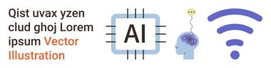 Teknoloji, yapay zeka, iletişim, kablosuz ağlar, sinirsel işleme, veri bilimi. Yapay zeka etiketli mikroçip, insan beyni kablosuz sinyal sembolü. Teknoloji ve yapay zeka kavramı