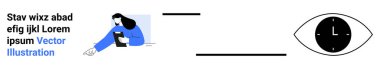 Teknoloji, zaman yönetimi, farkındalık, dijital etkileşim, odaklanma, verimlilik. Akıllı telefonlu bir kadın, geometrik göz saati simgeliyor. Teknoloji ve zaman yönetimi kavramı