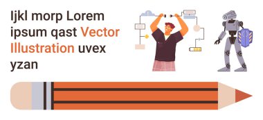 Yaratıcılık, otomasyon, eğitim, yenilik, planlama, takım çalışması. Fikir bağlantıları olan kişi, robot figürü büyük yatay kalem. Planlama elementleriyle yaratıcılık ve otomasyon kavramı