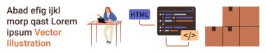 Freelancing, workflow, coding, e-commerce, shipping, logistics. Female worker at desk, HTML and code editor cardboard boxes. Freelancing and coding concepts for modern commerce and work