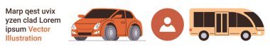 Ulaşım, taşıma, kentsel hareketlilik, kullanıcı bağlantısı, araç tasarımı, bağlantı. Görüntü bir araba, kullanıcı simgesi ve bir otobüs kenarı görünümünü içerir. Ulaşım ve kentsel hareketlilik kavramı