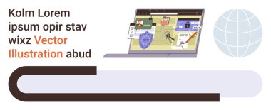 Siber güvenlik, teknik koruma, çevrimiçi veri güvenliği, şifreleme, dijital kalkan, küresel ağ erişimi. Laptop güvenli veri ekranı ve dünya sembolünü gösteriyor. Siber güvenlik ve veri güvenliği kavramı