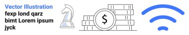 İş stratejisi, finansal planlama, dijital bağlantı, uzaktan çalışma, yenilik, zenginlik yönetimi. Satranç şövalyesi, bir dolar işaretli kablosuz sinyal ikonu olan bozuk paralar. Mali planlama