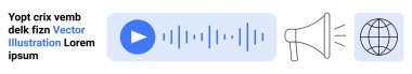 Ses teknolojisi, küresel iletişim, medya hizmetleri, dijital ses paylaşımı, podcast, uluslararası yayın. Ses dalgalı hoparlör, oynat düğmesi ve dünya simgesi. Ses teknolojisi