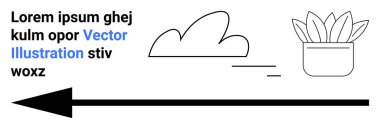 Navigasyon, hareket, tasarım kavramları, kullanıcı arayüzü, dijital sanat, minimalizm. Kara ok, basit bir bulut ve saksı bitkisiyle birleşmiş. Navigasyon ve hareket kavramı