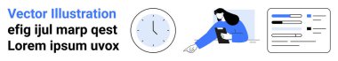 Zaman yönetimi, verimlilik, görev organizasyonu, programlama, iş akışı planlaması, verimlilik. Saat, görevlerle ilgili pano grafik arayüzü tutan kişi. Zaman yönetimi ve üretkenlik kavramları