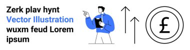 İş büyümesi, finansal planlama, para yönetimi, ekonomik strateji, piyasa analizi, yatırım anlayışı. Elinde not panosu olan bir adam finansal ikonları işaret ediyor. İş büyümesi ve mali