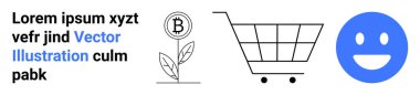 Cryptocurrency, digital economy, online commerce, shopping, user emotions, blockchain finance. Bitcoin growing as a plant, shopping cart happy face icon. Cryptocurrency and online commerce concept