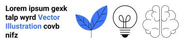 Sürdürülebilirlik, yaratıcılık, yenilik, eğitim, problem çözme, düşünme. Mavi yaprak, ampul ve beyaz arka planda çizilmiş beyin elementleri. Sürdürülebilirlik ve yaratıcılık teması