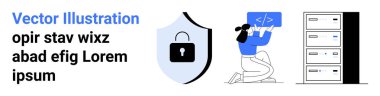 Siber güvenlik, veri koruması, programlama, dijital güvenlik, teknoloji altyapısı, yazılım geliştirme. Kilitli kalkan, programcı çalışıyor ve sunucu simgeleri. Siber güvenlik ve veri