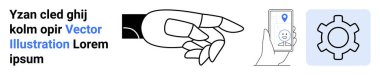 Hand pointing forward, smartphone with location pin, and gear symbolizing navigation, interaction, and settings. Ideal for technology, apps, location, settings user interfaces innovation