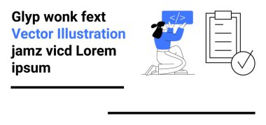 Web geliştirme, görev organizasyonu, kodlama eğitimi, yazılım geliştirme, verimlilik, proje yönetimi. Kod paneli olan bir kadın, keneli kontrol listesi. Web geliştirme ve görev organizasyonu