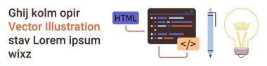 Web tasarımı, kodlama eğitimi, yenilik, programlama, yaratıcı düşünme, geliştirme çözümleri. Kalem ve ampulle HTML kodlama blokları. Web tasarımı ve kodlama eğitimi kavramı