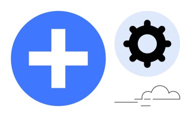 Sağlık ve teknoloji sembolleri var. Mavi bir sağlık haçı, siyah dişli teknoloji entegrasyonuyla eşleştirilmiş. Sağlık hizmetlerindeki gelişmeler, uygulama geliştirme, bulut hizmetleri, sistem güncellemeleri