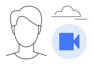 Dijital iletişim, çevrimiçi kimlik, video konferansı, bulut hesaplama, internet teknolojisi, sanal toplantılar. Bulut ve video kamera ikonlarının yanında bir yüz çizgisi. Dijital iletişim