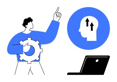 Yenilik kavramı. Dişli, insan figürlü yenilikçi bir düşünce ve yukarı bakan büyüme odaklı zihin ikonu. Yenilik ilerlemeyi, yaratıcılığı ve çözümleri yönlendirir. İş için, teknoloji.