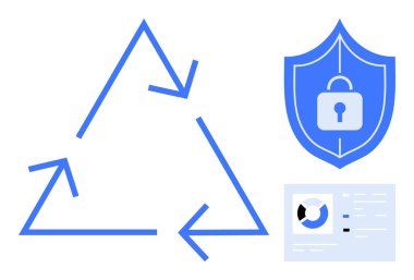 Veri güvenliği kavramı. Bir kalkan ikonu, geri dönüşüm grafiği ve istatistiksel gösterge paneli ile veri güvenliği. Veri güvenliği: sürdürülebilirlik, gizlilik, uyum, teknoloji ve analiz