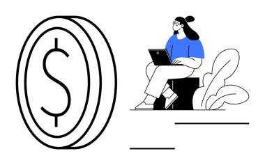 Finans konsepti. Para birimi sembolü, uzak çalışma resimlerini tamamlayarak finans ve dijital çalışma eğilimlerini vurguluyor. Çevrimiçi işlemler için finansman, iş büyümesi ve kişisel bütçe. Konular