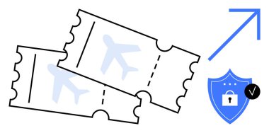 Seyahat güvenliği. Uçak biletlerinde seyahat güvenliği, kilidi olan bir kalkan ve doğrulama ikonu. Seyahat güvenliği güvenli uçuş, rezervasyon ve yolcu doğrulaması sağlar