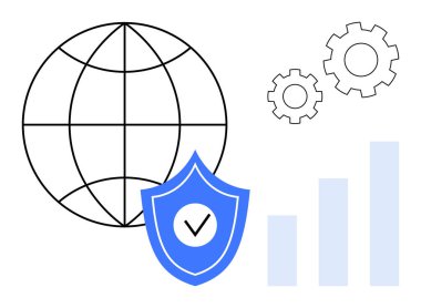 Küresel güvenlik kavramı. Kalkan sembolü, küre ve büyüme grafiğiyle küresel güvenlik görüntüsü. Küresel güvenlik küresel iletişim, teknoloji ve finans alanında güvenliği sağlar. İş için kullanışlı