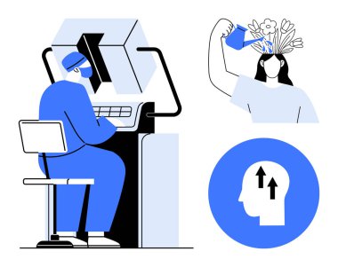 Zihinsel sağlık konsepti. Zihinsel sağlık, teknoloji, kişisel gelişim ve yaratıcılık ile gösterilir. Zihinsel sağlık, üretkenliği ve kendine bakımı arttırır. Dijital sağlık için kullanışlı