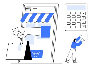 E-ticaret konsepti. Mobil alışveriş, çevrimiçi mağazalar ve ödeme çözümleri ile e-ticaret. Dijital mağazalar, perakende şirketler ve çevrimiçi işlemler için e-ticaret platformları. Perakende için mükemmel.