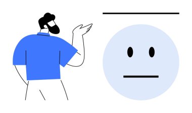 Duygusal zeka, insan etkileşimi, iletişim yetenekleri, sözsüz işaretler, öz farkındalık, sosyal bağlantı. Tarafsız bir yüz sembolüne doğru hareket eden bir adam. Duygusal zeka