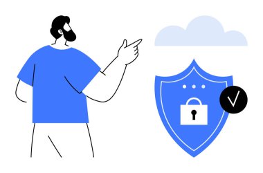 Bulut güvenlik kavramı. Bulutta asma kilit veri güvenliği olan bir kalkan bulut koruması, kullanıcı güveni ve siber güvenliği vurguluyor. Teknoloji, siber güvenlik, bilişim çözümleri, bulut için kullanışlı