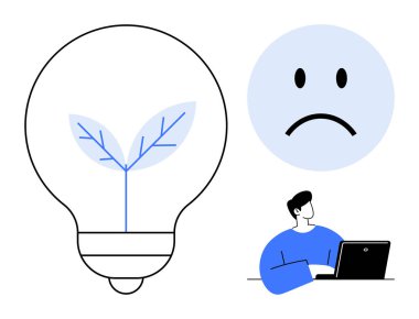 Sürdürülebilirlik kavramı. Ampulün içindeki bitki tarafından sürdürülebilirlik sağlandı. Üzgün surattan duygusal sağlık. Laptop teknolojisi ve bağlantısı olan biri. Eko-tasarım, akıl sağlığı, yenilik, iş