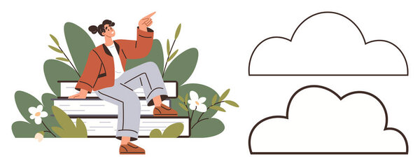 Education, creativity, design templates, nature , personal growth, thought inspiration. A woman sitting on books among greenery pointing upward. Education and creativity ideas in a conceptual setting