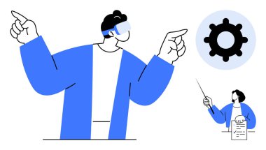 VR kulaklık kullanan kişi yenilik için bir vitese işaret ederken, daha küçük bir figür görevleri gözden geçirir. Teknoloji, takım çalışması, yenilik, eğitim, verimlilik, iş yaratıcılığı için idealdir. Basit.