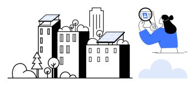 Yenilenebilir enerji kavramı. Kentsel binalardaki güneş panelleri yenilenebilir enerjiyi destekliyor. Bilgiyi analiz eden kadın, yenilenebilir enerji çözümlerinin kentsel ortamlar ve teknoloji için önemini vurguluyor