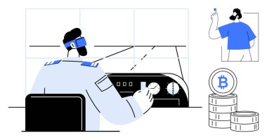 Kripto para birimi, sanal gerçeklik, engelleme zinciri, fintech, veri izleme, gelecekteki teknoloji. VR sistemi ve Bitcoin simgeleri kullanan kişi. Sanal gerçeklik ve kripto para birimi kavramı