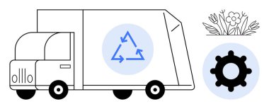 Geri dönüşüm konsepti. Ekonomi ikonlu geri dönüşüm kamyonu, vites sembolü ve sürdürülebilirliği desteklemek için çiçek unsurları. Atık yönetimi ve çevresel bakım geri dönüşümü. Çevre projeleri için, yeşil