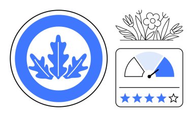 Sürdürülebilirlik kavramı. Sürdürülebilirlik sembolü meşe yaprakları, çiçek tasarımı ve müşteri değerlendirmesi. Çevre dostu programlar, yeşil ürünler ve bilinçli yaşam için sürdürülebilirlik. Damgalamak için